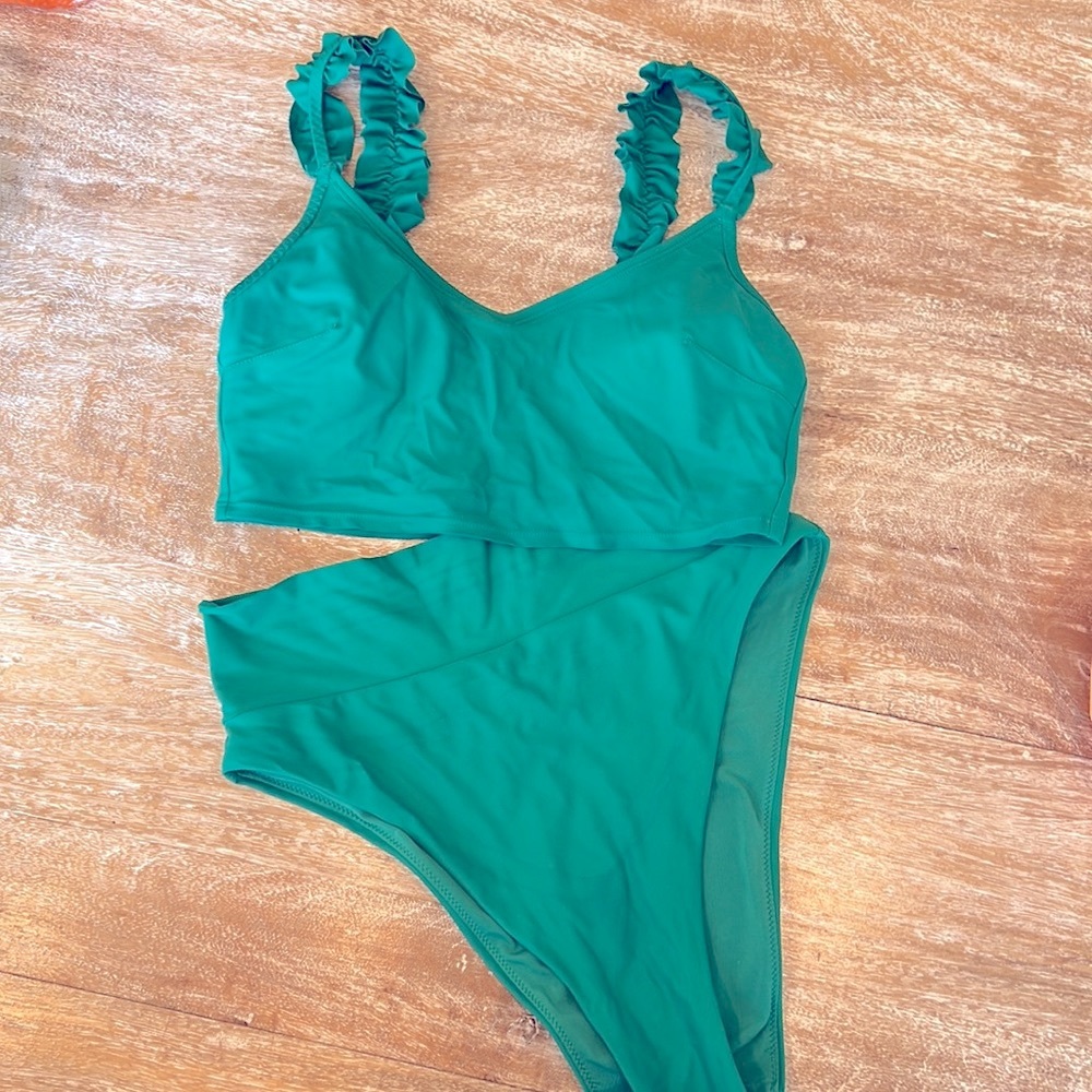 Aerie ruffle longline bikini top and high waist cheeky bottoms top XS bottoms S